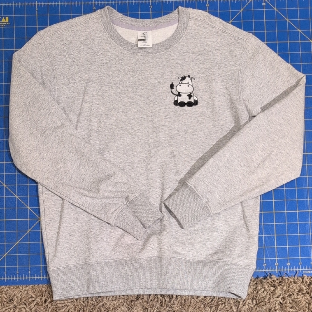 Light Gray Crewneck Sweater with Embroidered Cow